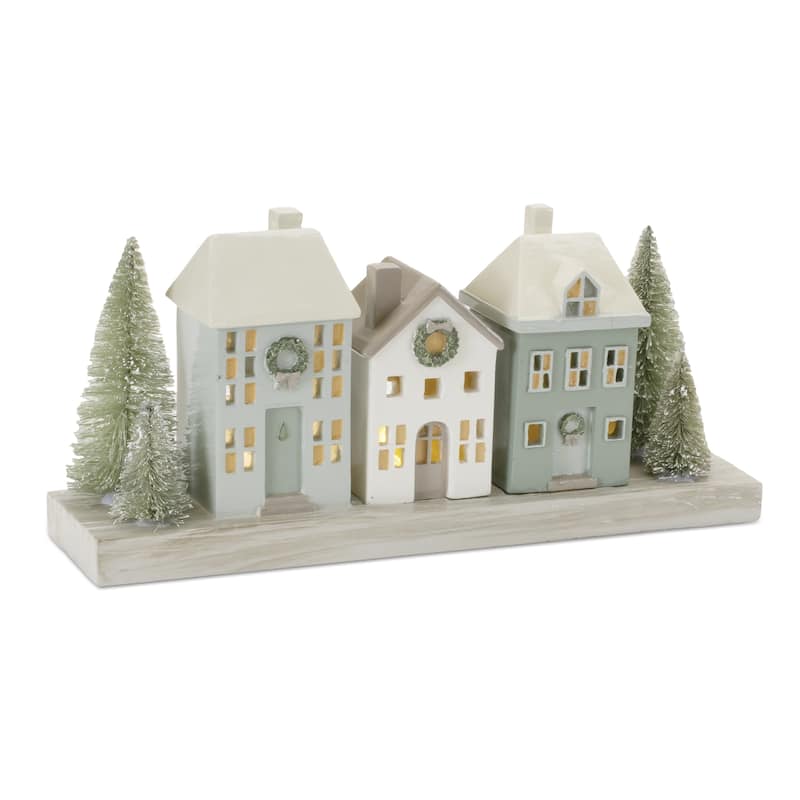 LED Lighted Resin Winter Village Houses with Bottle Brush Trees Ideal for Tabletop Holiday Decor