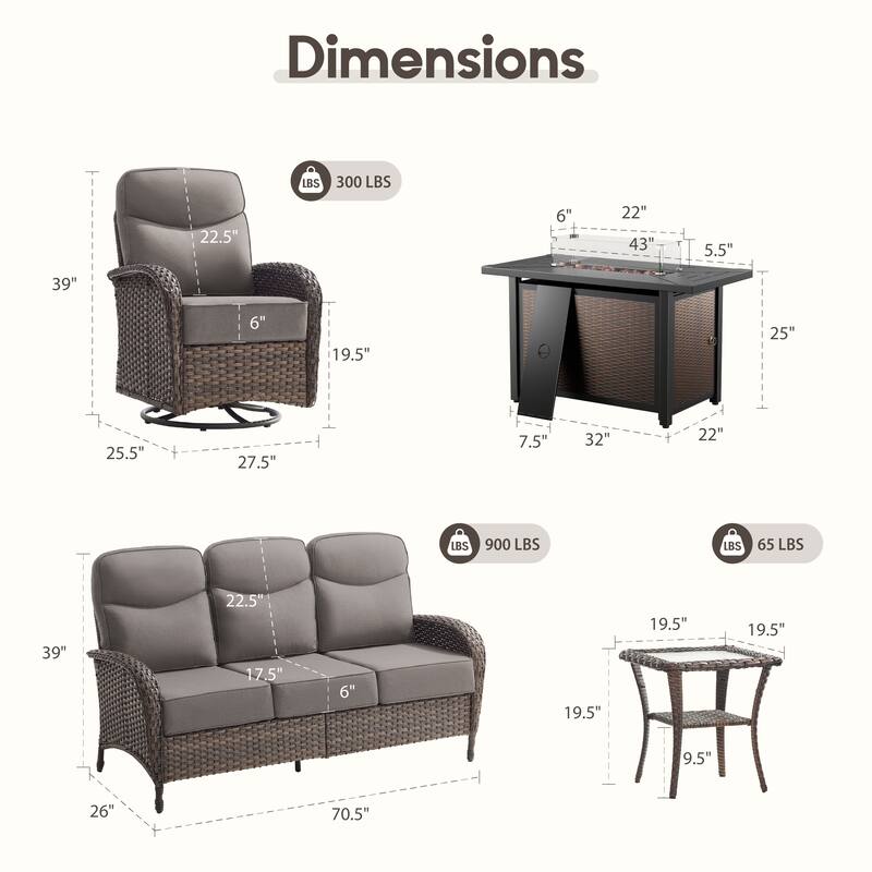 Luna 5-Piece Wicker Outdoor Patio Fire Pit Sofa Set with 6-Inch Thick Cushions