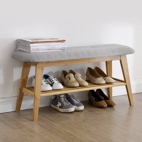 2-tier Bamboo Entryway Upholstered Shoe Bench