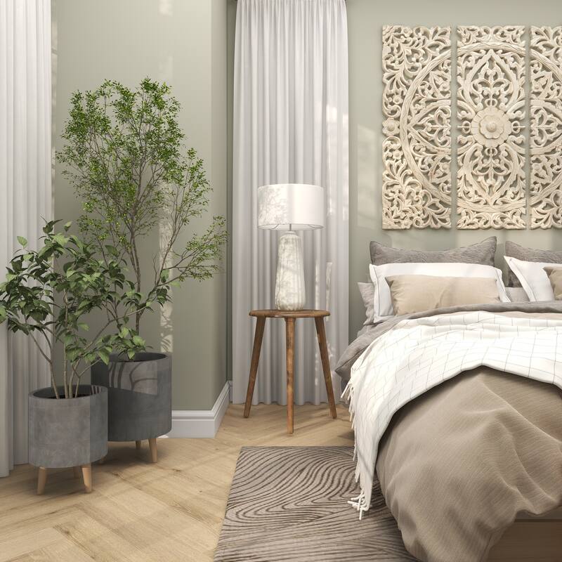 Mango Wood Handmade Intricately Carved Floral Accent Table with Tripod Legs - Dark Brown, White, Brown