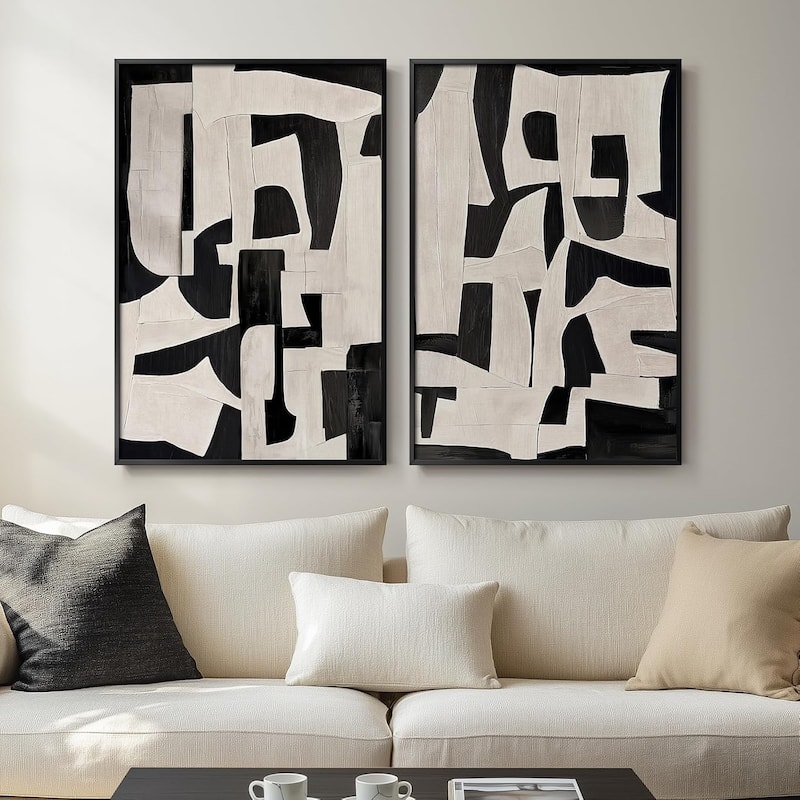 Framed Black and Beige Abstract Wall Art - 24 x 36