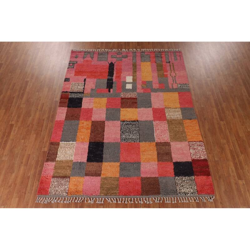 Checkered Moroccan Oriental Area Rug Hand-Knotted Wool Carpet - 7'11" x 10'0"