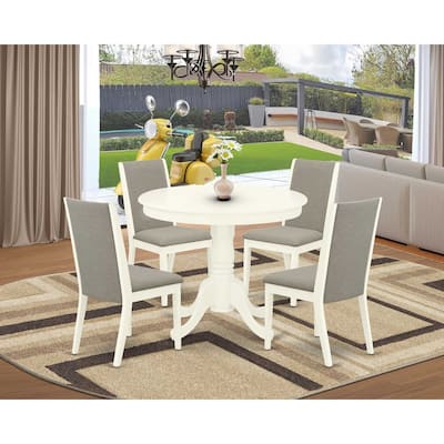 HomeStock 5-Piece Round Linen White Finish Solid Wood Top Dining Table with 4 Parson Chair with Lattice Back