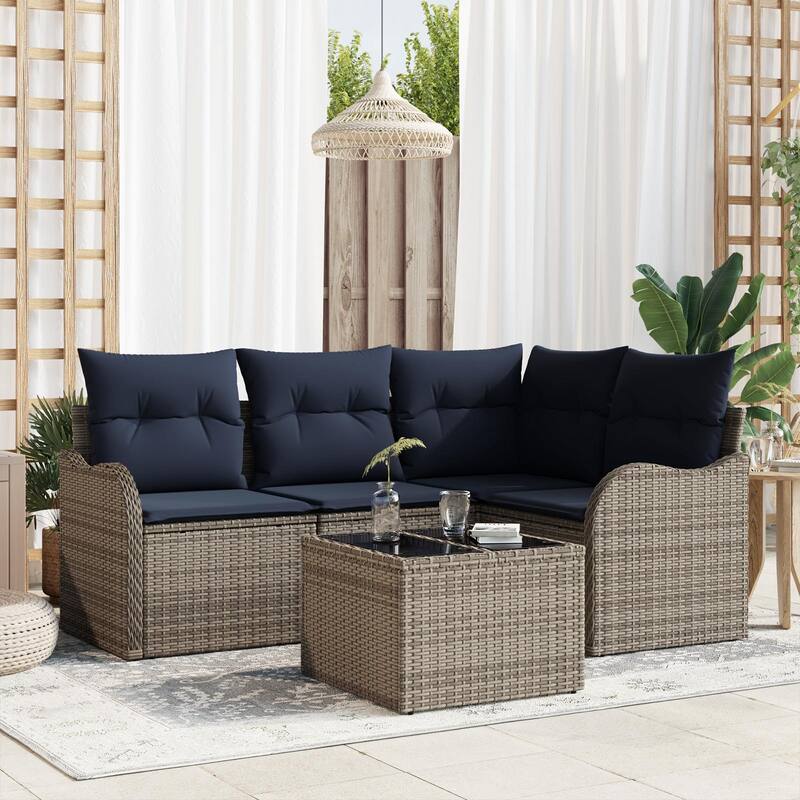 vidaXL 4/5 Garden Sofa Set with Cushions Black/Brown/Grey Poly Rattan - 69.9 x 48.2 x 27.2 - Grey with table