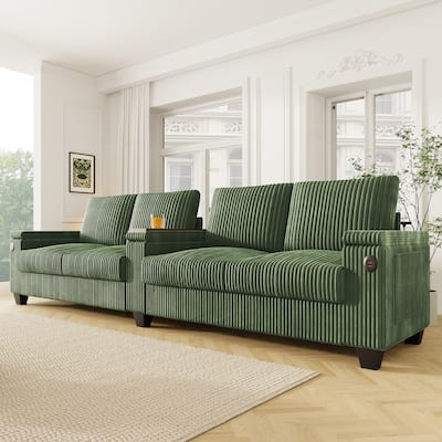 4-seater Green Corduroy Sofa with Storage, Cup Holders and USB Ports