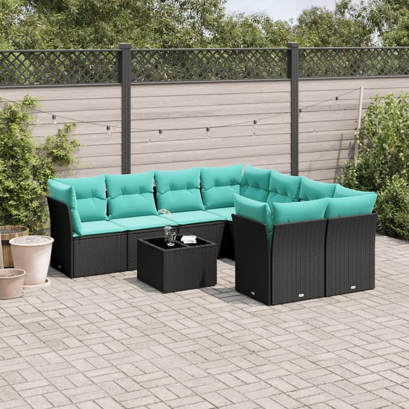 vidaXL 9 Piece Patio Sofa Set with Cushions Black/Brown/Gray Poly Rattan - 24.4 x 24.4 x 27.2 - Black  - form2