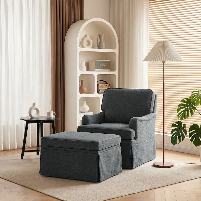 Skirted Swivel Accent Nailhead Barrel Chair With Storage Ottoman Set - Grey