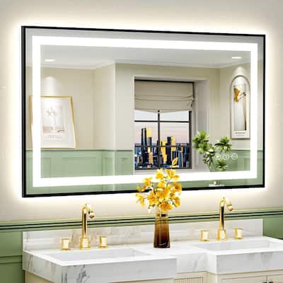 Apmir Metal Black Framed LED Lighted Anti-Fog Bathroom Vanity Mirror Wall Mounted in Tempered Glass