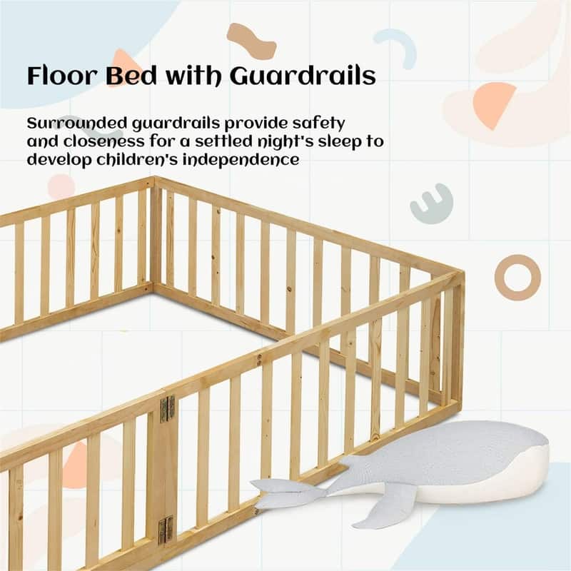 Full Size Floor Bed for Children, Sturdy Wood Montessori Bed Frame with Fence & Door
