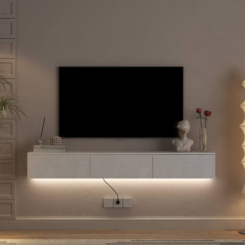 67" Modern Floating TV Stand Wall Mounted with 16 Color LEDs, Floating TV Cabinet Entertainment Center for 55 60 65 Inch TV
