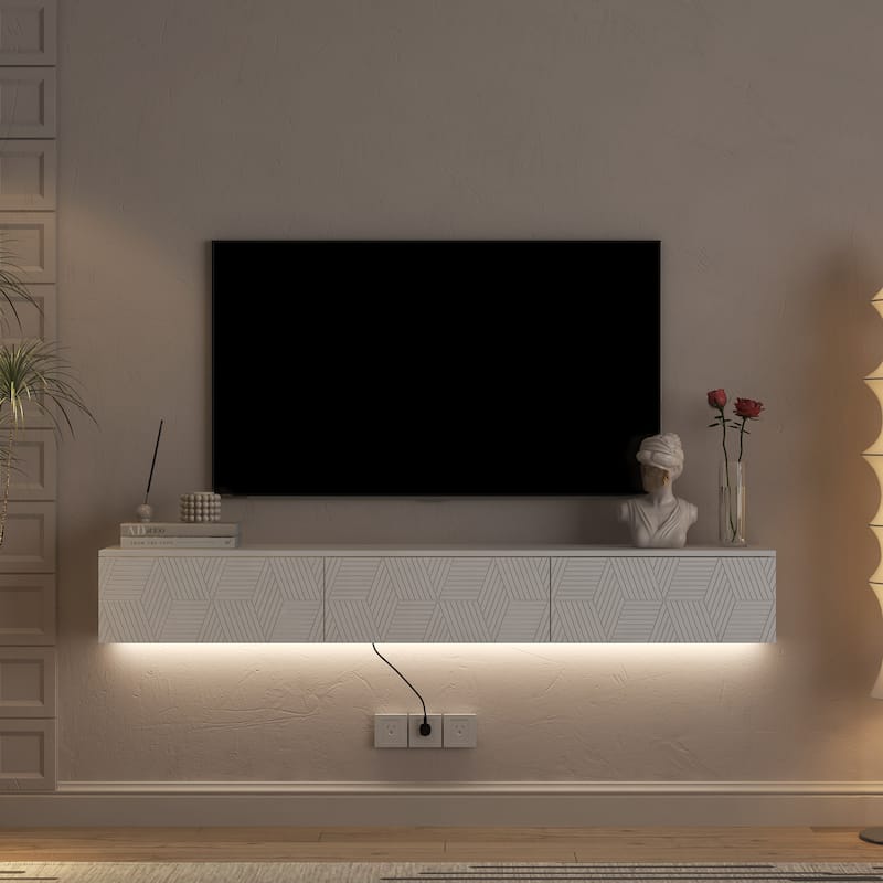 Modern Floating Wall-Mounted TV Cabinet, for 55, 60, and 65 Inch TVs, with 16-Color LED Lighting, for Living Rooms, White