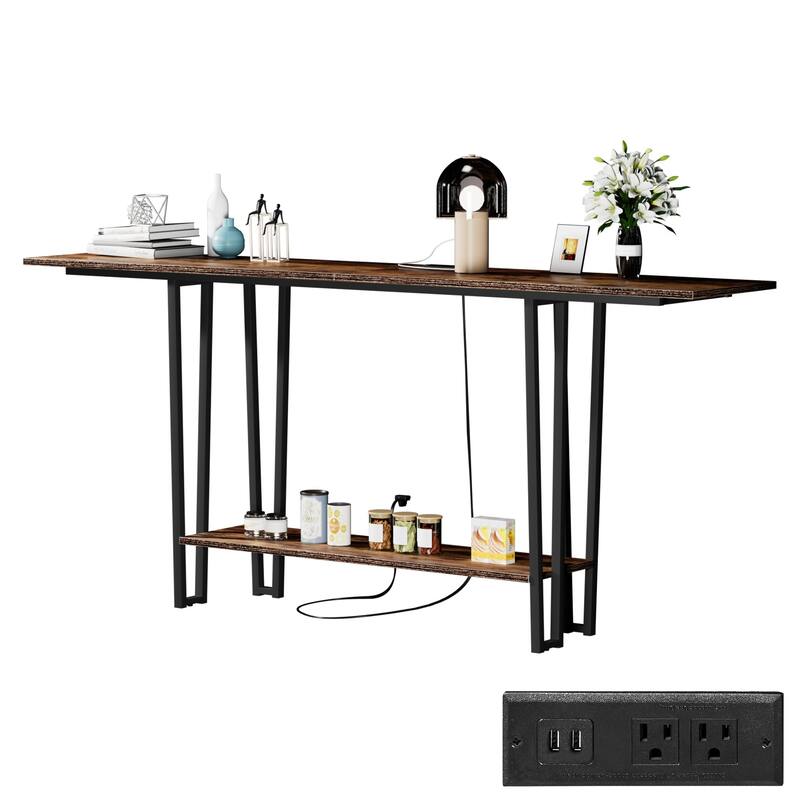 Console Table with Outlets for Entryway, Sofa Table with Wood Shelves, Industrial Entryway Table Foyer Table