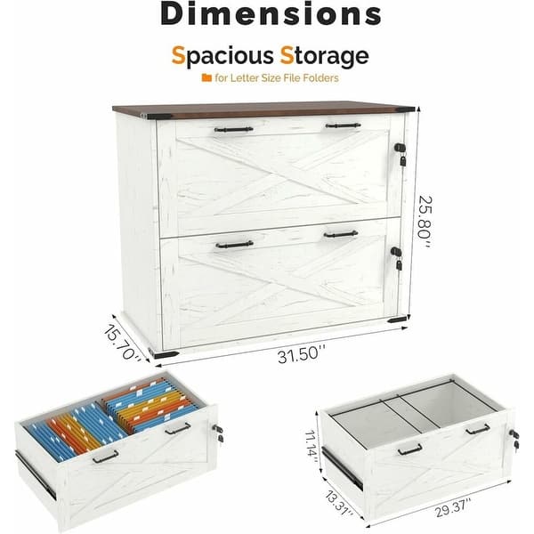 dimension image slide 2 of 3, Barn Door Wooden 2 Drawers With Lock 25.79"H