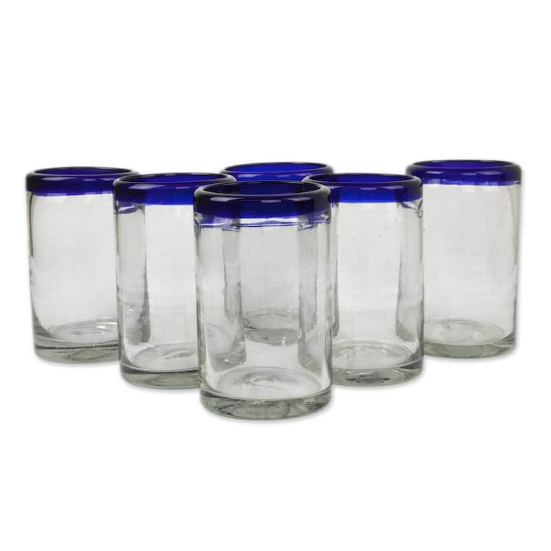 Handmade Blue Rim Glass Classic Drinking Set of 6 Glasses (Mexico)