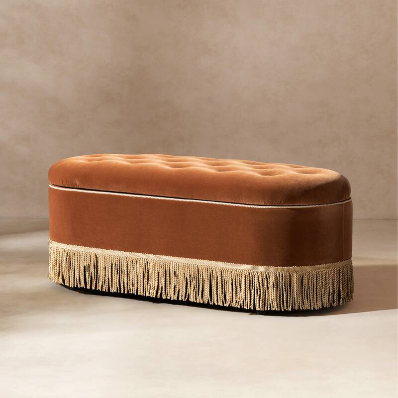 Melinda 48.5" Upholstered Tufted Oval Storage Bench with Bullion Fringe - Burnt Orange