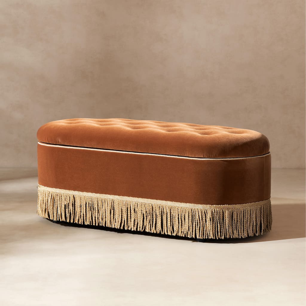 Melinda 48.5" Upholstered Tufted Oval Storage Bench with Bullion Fringe