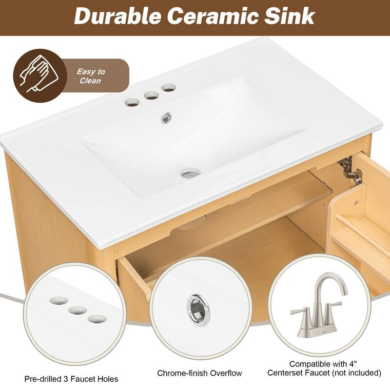 30" Modern Solid Wood Frame Bathroom Vanity Set with Ceramic Sink, Natural Wood Grain Cabinet & Soft-Close Doors