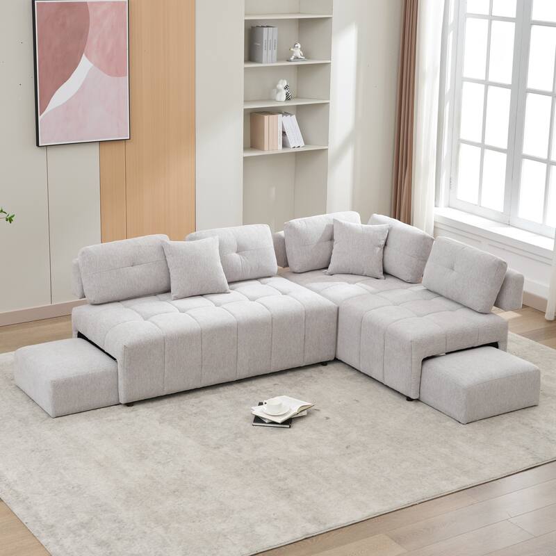 Grey 91.73" L-Shaped 4-Seat Sofa with Hidden Stools - LIGHT GREY