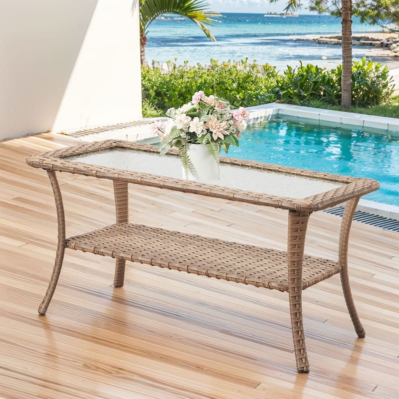 Stylish Outdoor Wicker Coffee Table with Glass Top - Coffee Table - Yellow