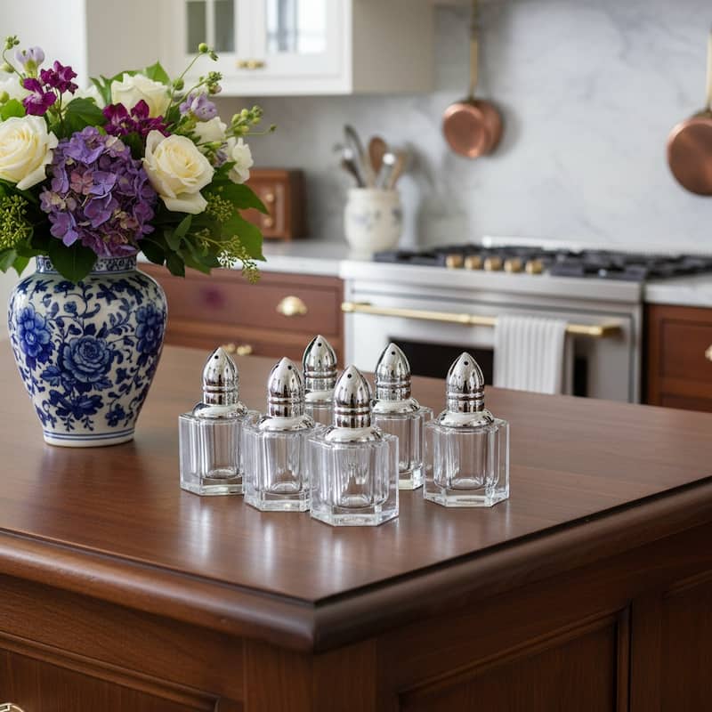 HomeRoots Set of Six Clear And Silver Cut Crystal Individual Salt and Pepper Shakers