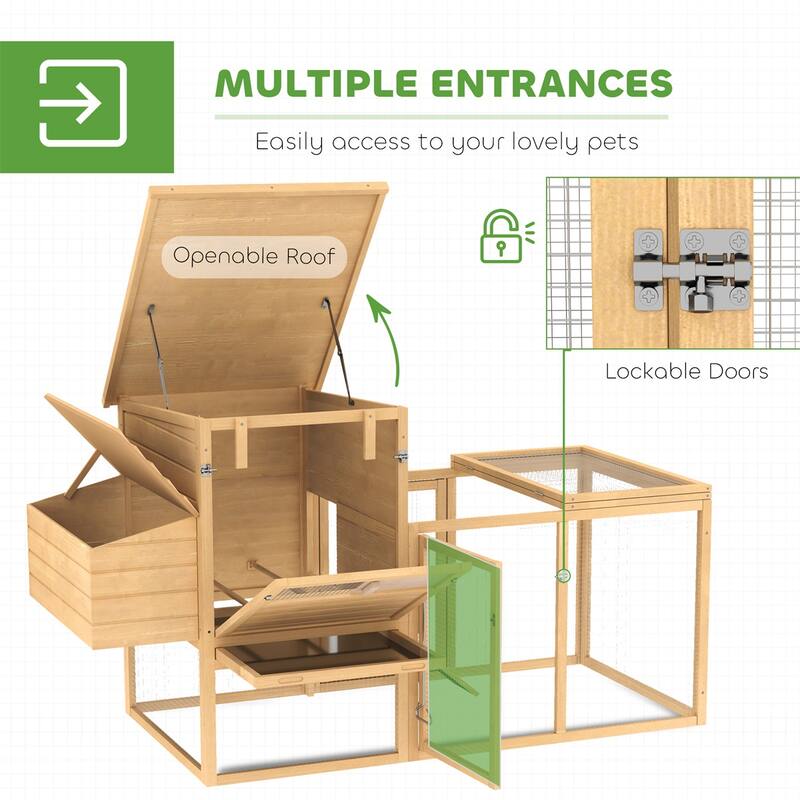Wooden Chicken Coop with Outer Run, Nesting Box and Roosting Poles - 74.8" L x 31.9" W x 40.6" H