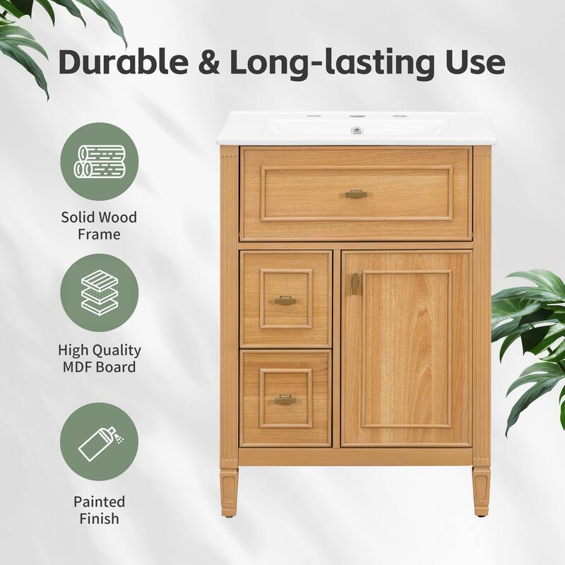 Roomfitters 24" Bathroom Vanity with Sink, Solid Wood Frame, Flip Drawer, 2 Side Drawers & Adjustable Shelf