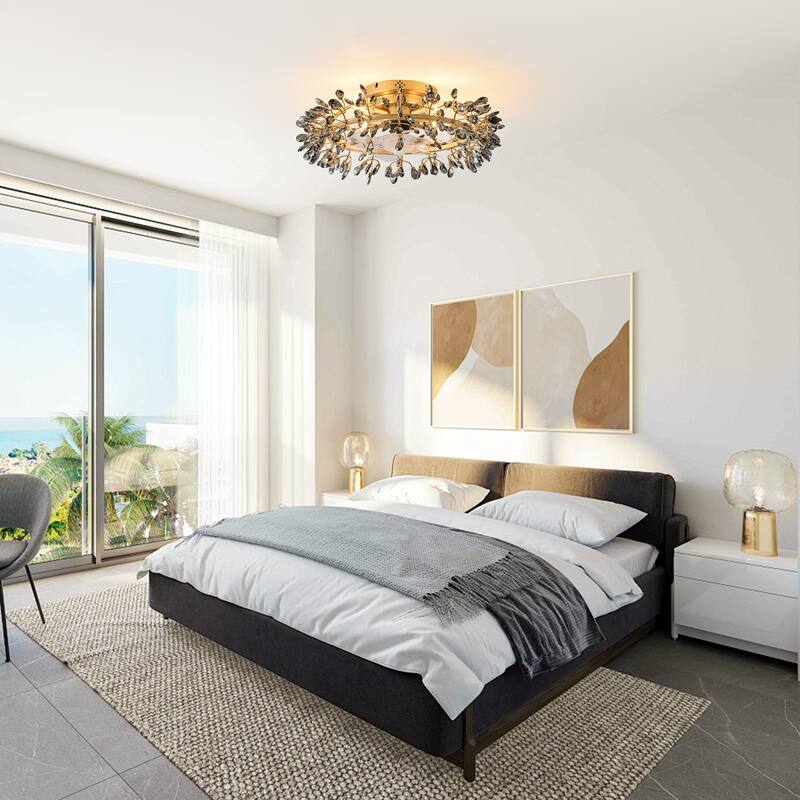 23" Modern Gold 4-Light Grey Crystal Low-Profile Flush Mount Ceiling Fan with Remote