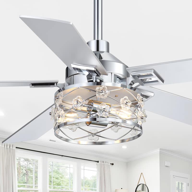 52" Reversible 5-Blade Farmhouse Glam Floral Glass Caged Ceiling Fan with Light and Remote - Chrome
