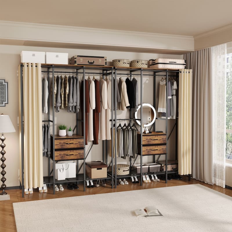Industrial Large Clothes Rack Organizer with Drawers and Curtain