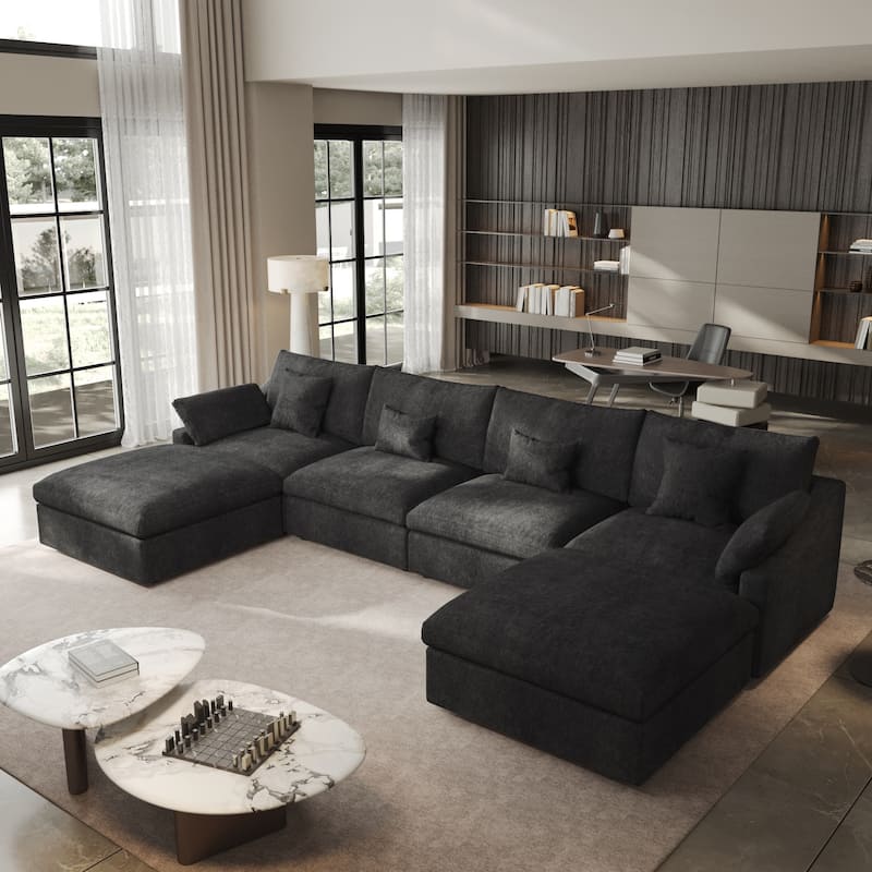 Minimalist Linen Sectional Sofa Down Filled Cloud Couch, U-Shape Deep Seat Couch with Cushions - Black