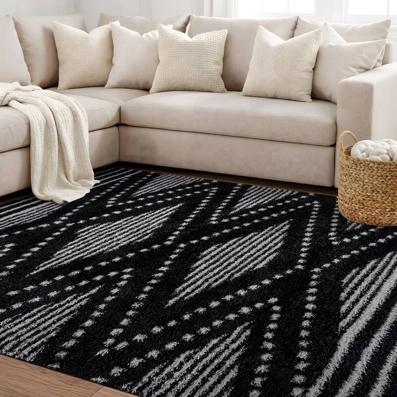 Geometric Shag Area Rug - Durable for Living Room, Bedroom - Polyester with Jute Backing - Anthracite Dark Gray and White