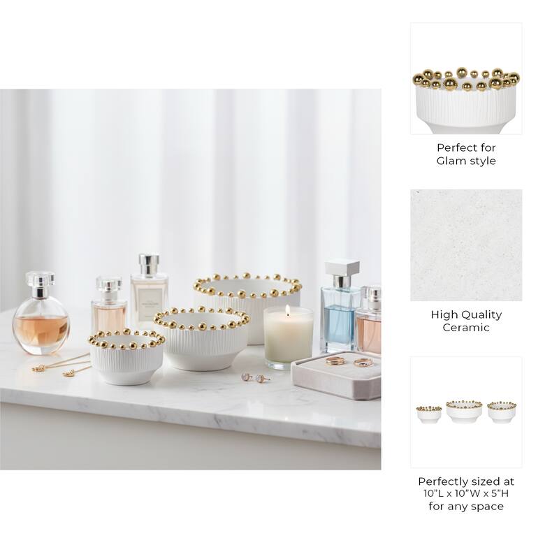 Decorative Ceramic Craft Accent Bowl -Set of 3, 7", 8", 10", White - 10.0"