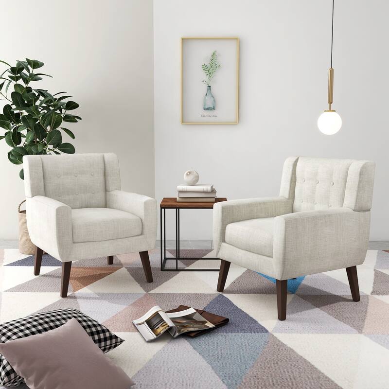 Modern Upholstered Faux Leather Tufted Armchair Linen Accent Chairs - Set of 2 Chairs - Beige/Linen