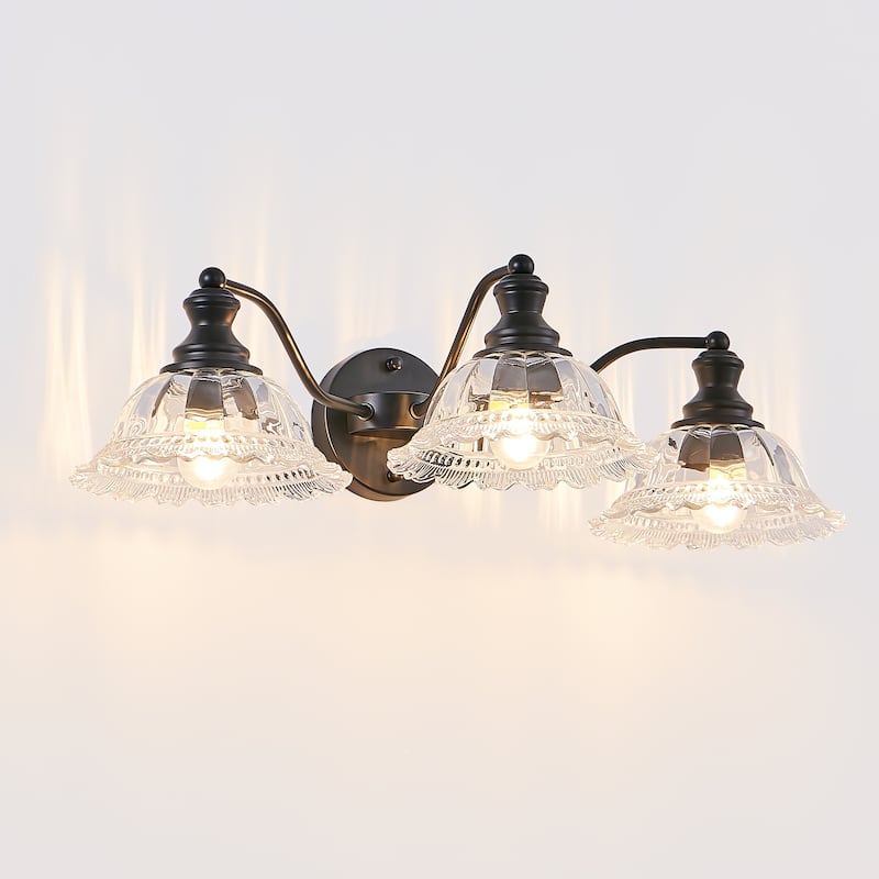 24 Inch 3-Light Vintage Bathroom Wall Sconce, Metal and Glass Lampshade Vanity Light Fixture - Black
