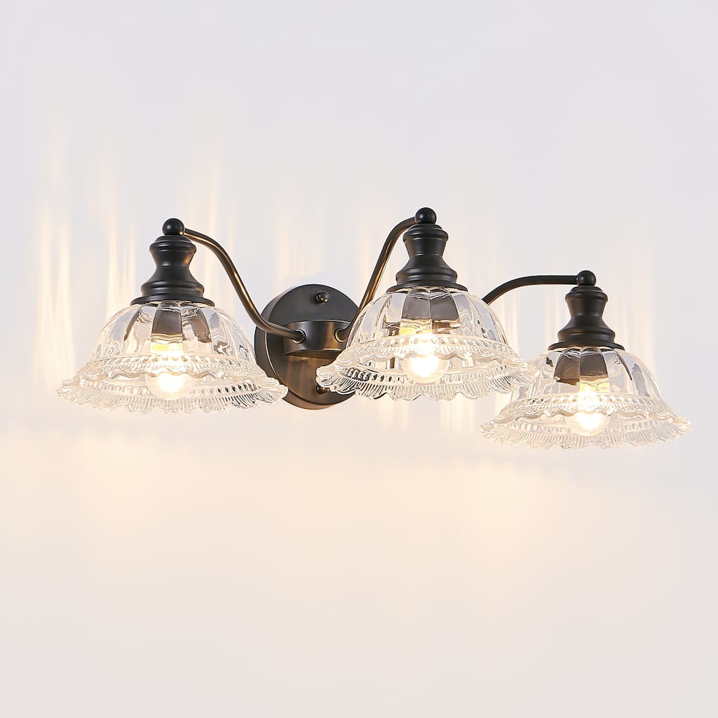 24 Inch 3-Light Vintage Bathroom Wall Sconce, Metal and Glass Lampshade Vanity Light Fixture