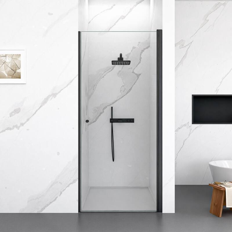 Anmytek Frameless Circular Pivot Shower Door - 1/4" SGCC Tempered Glass, 34W x 72H, Matte Black