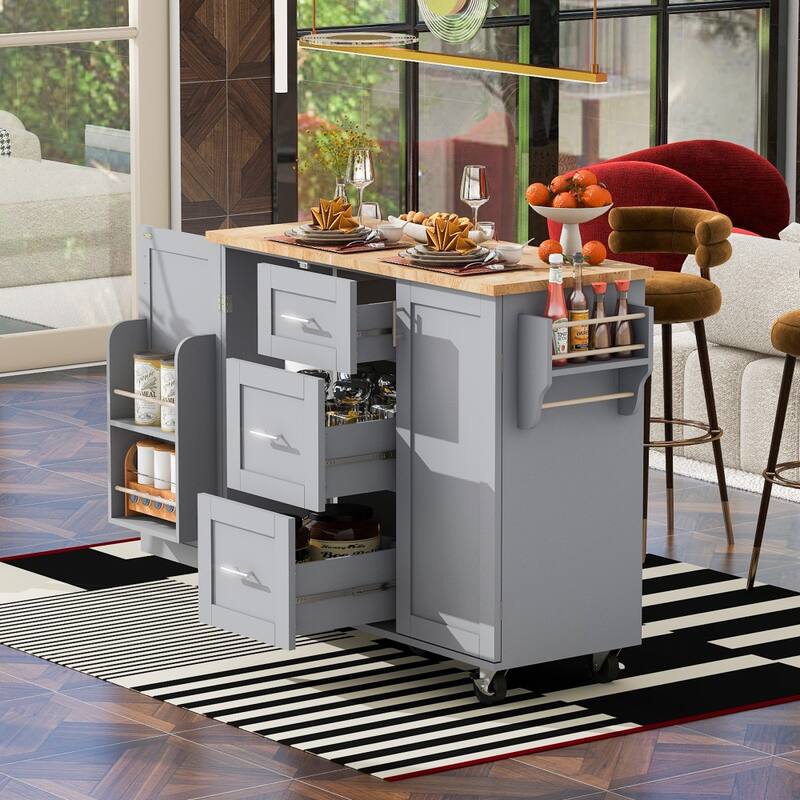 50 in. W Kitchen Island Rubberwood Top on 5 Wheels with 3 Drawers and 2 Slide-Out Shelf