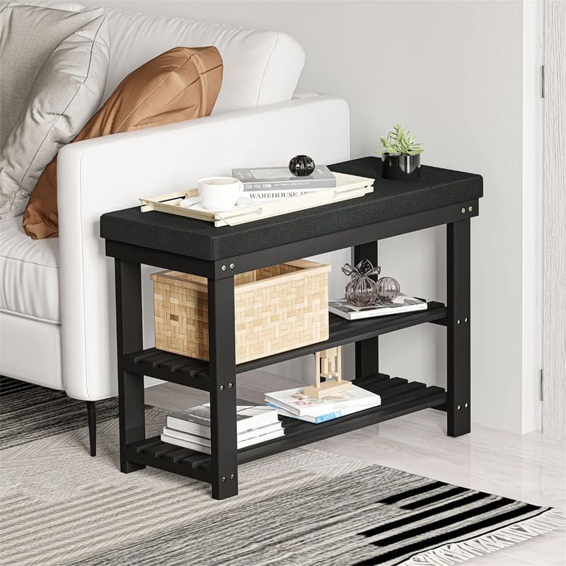 Shoe Rack for Entryway Bamboo Shoe Bench Seat with Cushion - 11.8"D x 28"W x 17.7"H