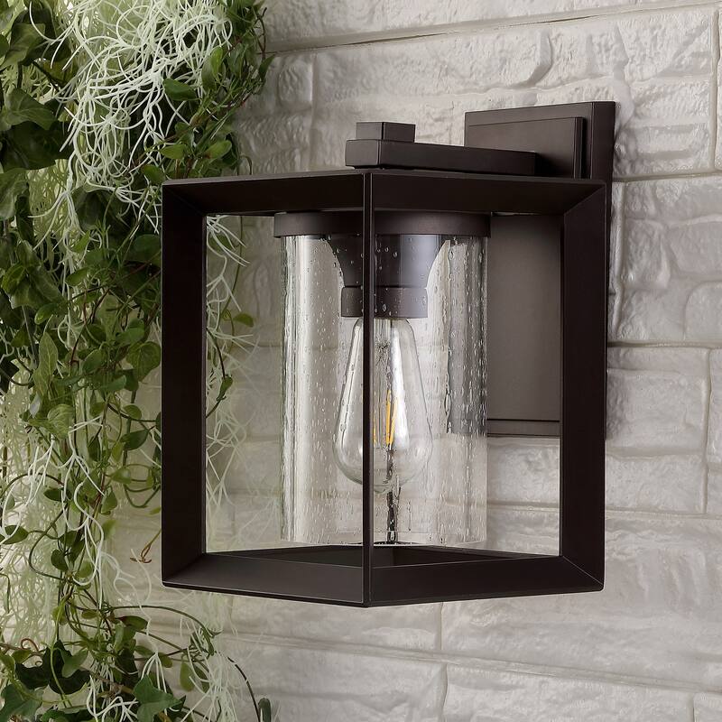Bungalow 7.25" 1-Light Iron/Glass Modern Rustic Cube LED Outdoor Lantern, Oil Rubbed Bronze (Set of 2) by JONATHAN Y