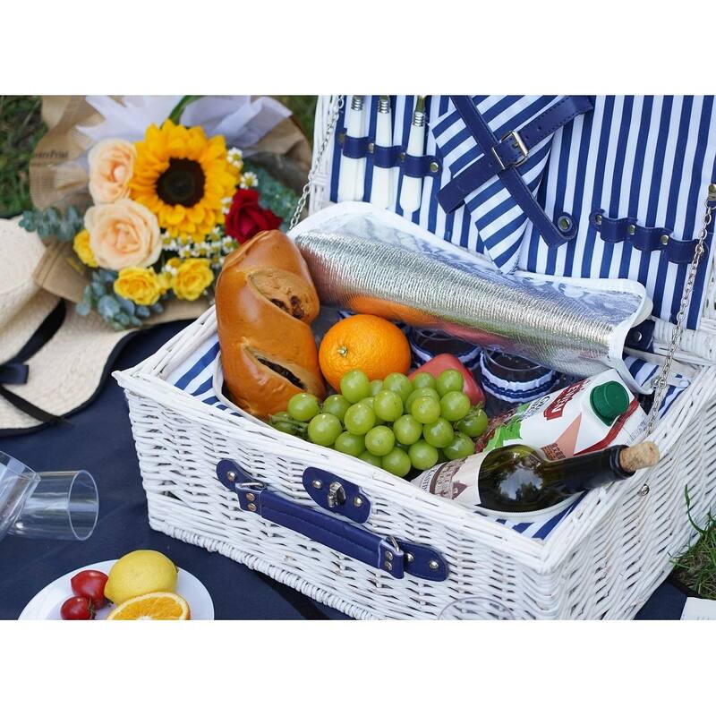 Picnic Basket Willow for 4 Persons, Large Wicker Hamper Set with Big Insulated Cooler Compartment with Waterproof Backing