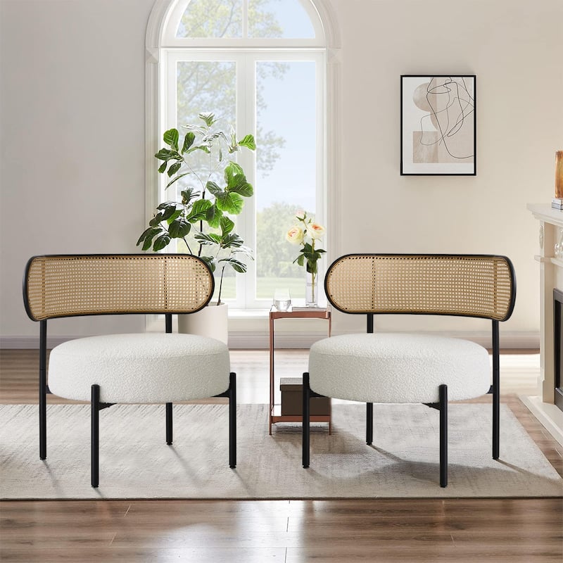 Boucle Upholstered Accent Chair with Rattan Back