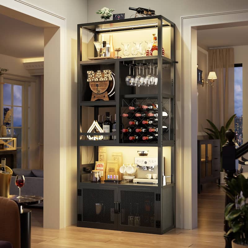 82.6" Tall Wine Cabinet with Glass Holder & Wine Rack，6-Tiers Liquor Storage Cabinet with LED Lights ＆ Charging Station - Black