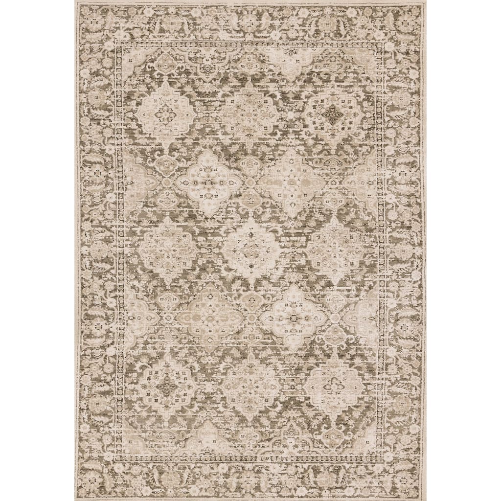 Taupe White Green Elegant Classic Textured Rug