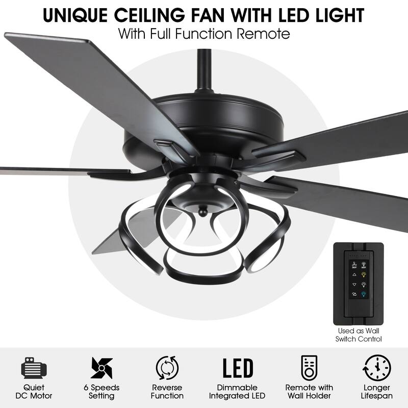 52" Contemporary Black Dimmable LED Ceiling Fan with Light and Remote