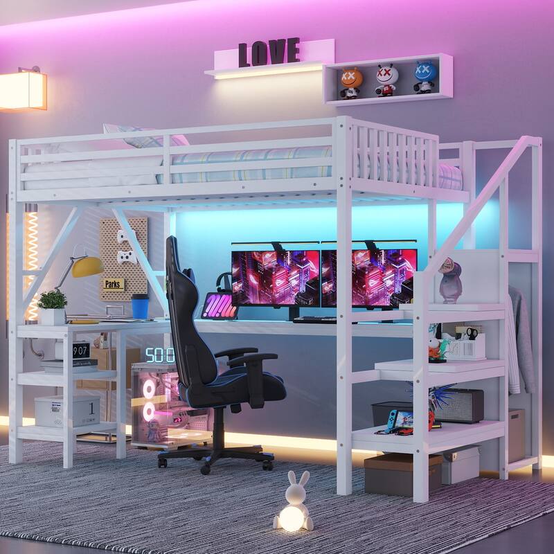 Metal Full Loft Bed with Wardrobe and LED Light, Full Size Loft Bed with L Shaped Desk and USB for Kids Teens Adults - White