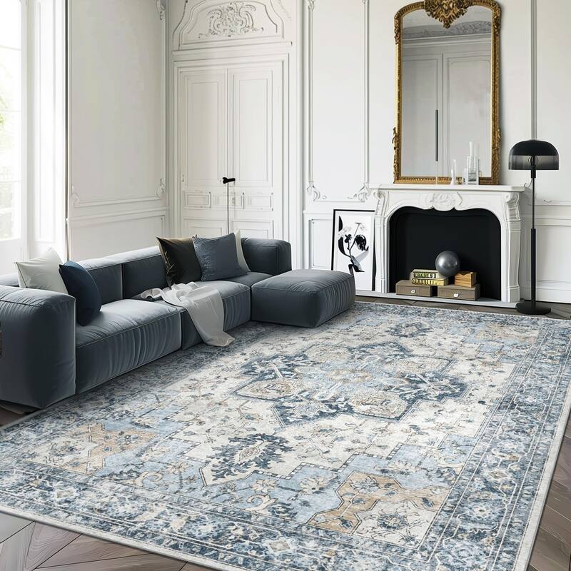 Mcow Neutral Floral Low Pile Machine Washable Non-Slip Area Rug