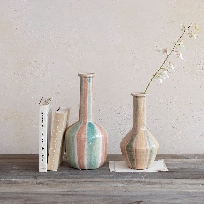 Hand-Painted Terra-cotta Vase with Tall Neck and Crackle Glaze
