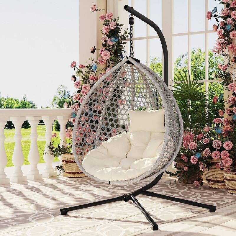 Wicker Hanging Egg Chair for Indoor and Outdoor Relaxation - Grey&Beige