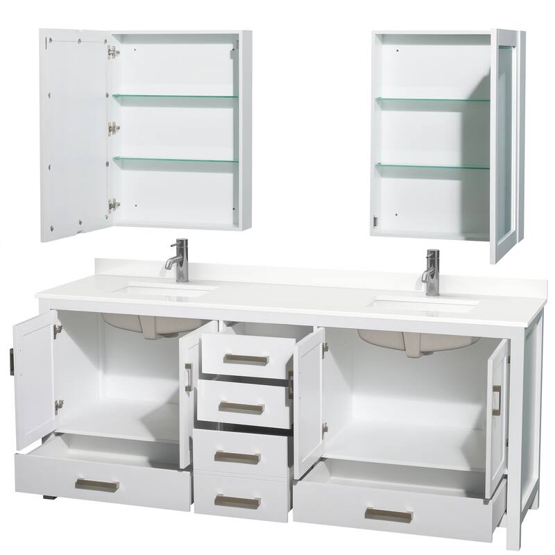 Sheffield 80-inch Double Vanity, Single Hole Quartz Top, Med Cabinets
