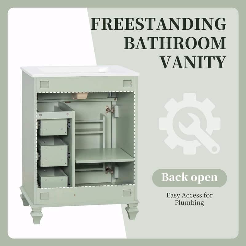24" Bathroom Vanity with Sink, Freestanding Vanity Cabinet with Flip-Out Drawer, 3 Drawers, Ceramic Top